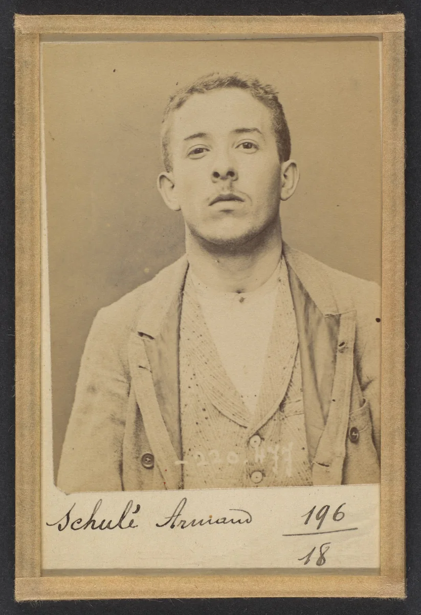 Schulé. Armand. 21 ans, né le 28/2/73 à Choisy-le-Roi. Comptable. Anarchiste. 2/7/94. by Alphonse Bertillon, photograph, 1894