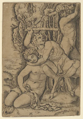A satyr fighting for a nymph by Marcantonio Raimondi, print, 1505-1515