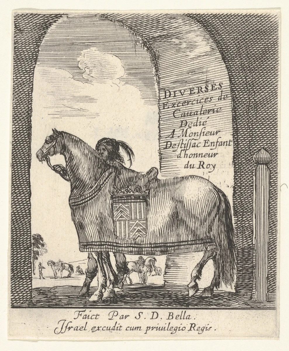 Beneath an archway, a groom holds the bridle of a horse shown in profile, facing left, the title page for "Various cavalry exercises" (Diverses exercices de cavalerie) by Stefano della Bella, print, 1642-1645