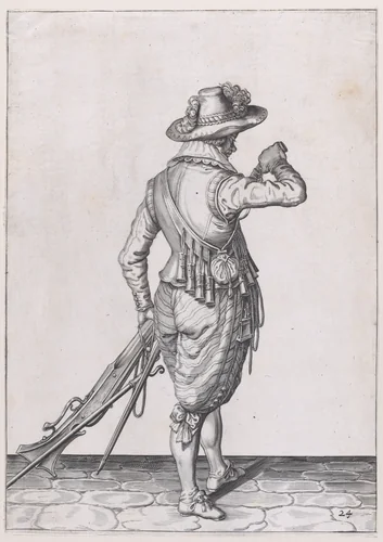 A soldier charging his musket, from the Musketeers series, plate 24, in Waffenhandlung von den Rören Musquetten undt Spiessen / Wapenhandelinghe van Roers Musquetten ende Spiessen (The Exercise of Arms) by Jacques de Gheyn II, print, 1608