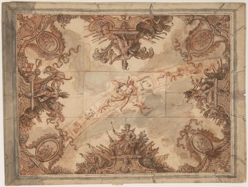 Design for the Decoration of a Ceiling with the Allegories of the Four Continents and the Signs of the Zodiac by anonymous, drawing, 1675-1685