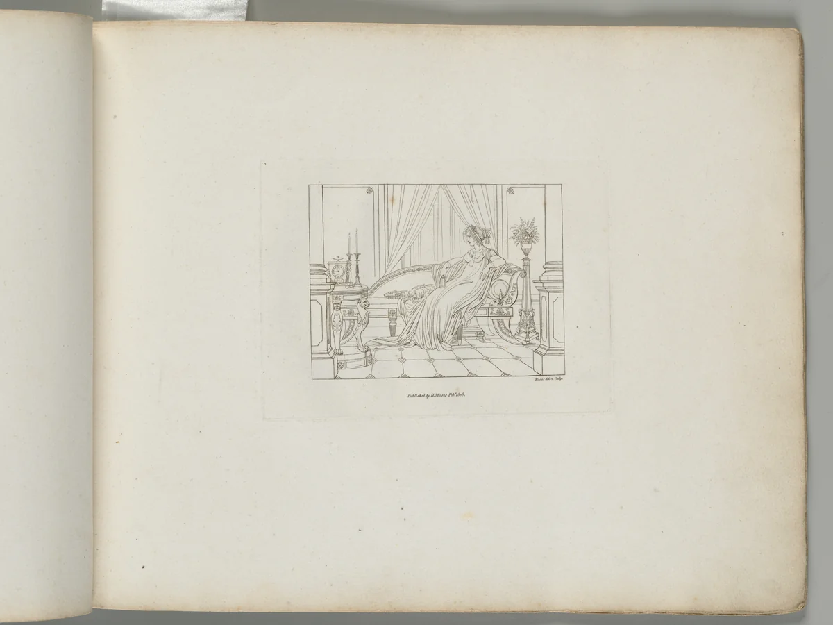 A Woman Seated on a Grecian Sofa with a Lapdog, in an Interior (from Sketches in Outline) by Henry Moses, print, 1808