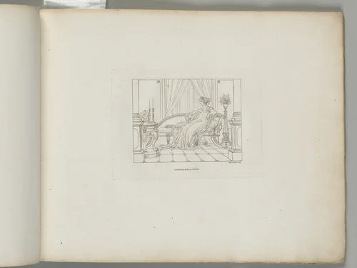 A Woman Seated on a Grecian Sofa with a Lapdog, in an Interior (from Sketches in Outline) by Henry Moses, print, 1808