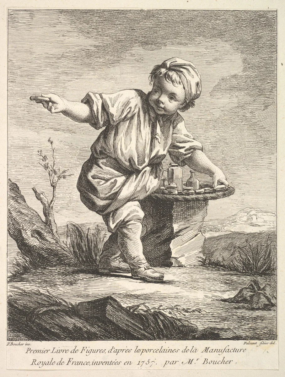 Frontispiece with litte boy holding a basket, from Premier Livre de Figures d'après les porcelaines de la Manufacture Royale de France, inventées en 1757, par Mr. Boucher (First Book of Figures after porcelains from the Manufacture Royale de France, devised in 1757, by Mr. Boucher) by Pierre Etienne Falconet, print, 1757