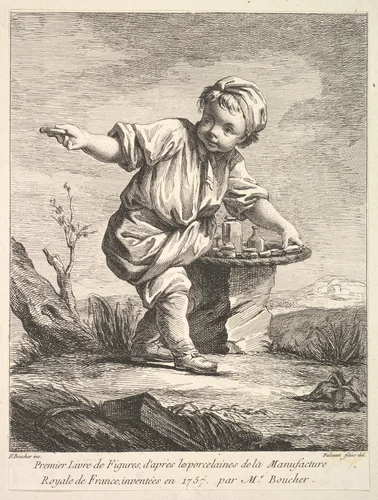 Frontispiece with litte boy holding a basket, from Premier Livre de Figures d'après les porcelaines de la Manufacture Royale de France, inventées en 1757, par Mr. Boucher (First Book of Figures after porcelains from the Manufacture Royale de France, devised in 1757, by Mr. Boucher) by Pierre Etienne Falconet, print, 1757
