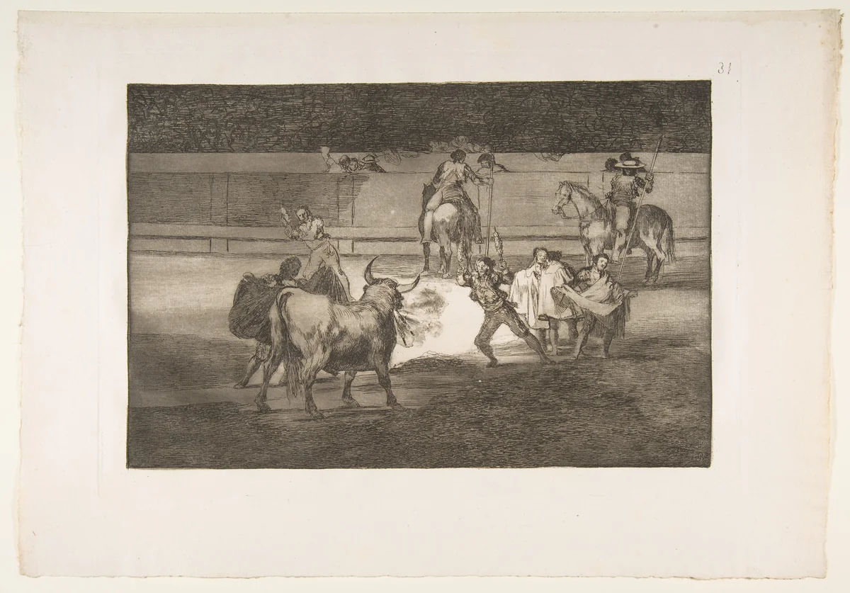 Plate 31 of "La Tauromaquia": Banderillas with firecrackers by Goya, print, 1816