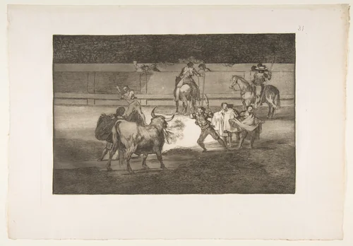 Plate 31 of "La Tauromaquia": Banderillas with firecrackers by Goya, print, 1816