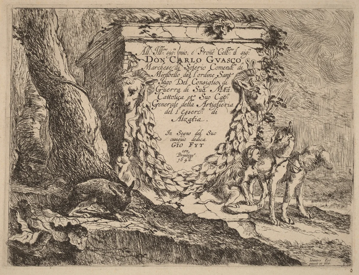Title Page: Pedestal and a Pair of Dogs by Jan Fyt, print, 1642