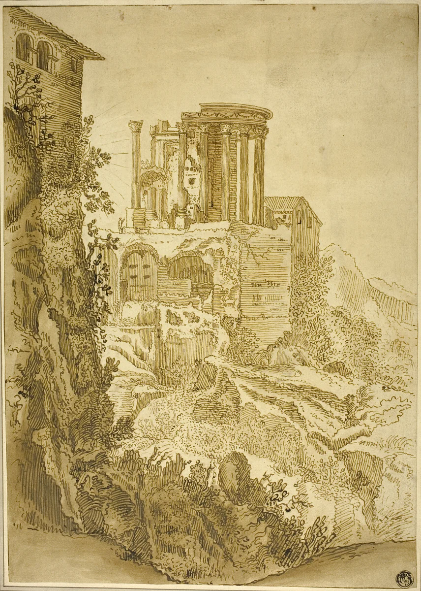 Temple of Vesta, Tivoli by Paul Bril, drawing, 1574-1626