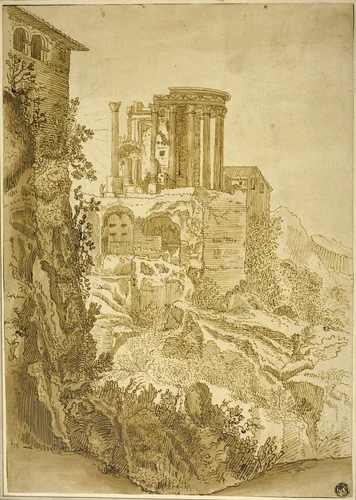 Temple of Vesta, Tivoli by Paul Bril, drawing, 1574-1626