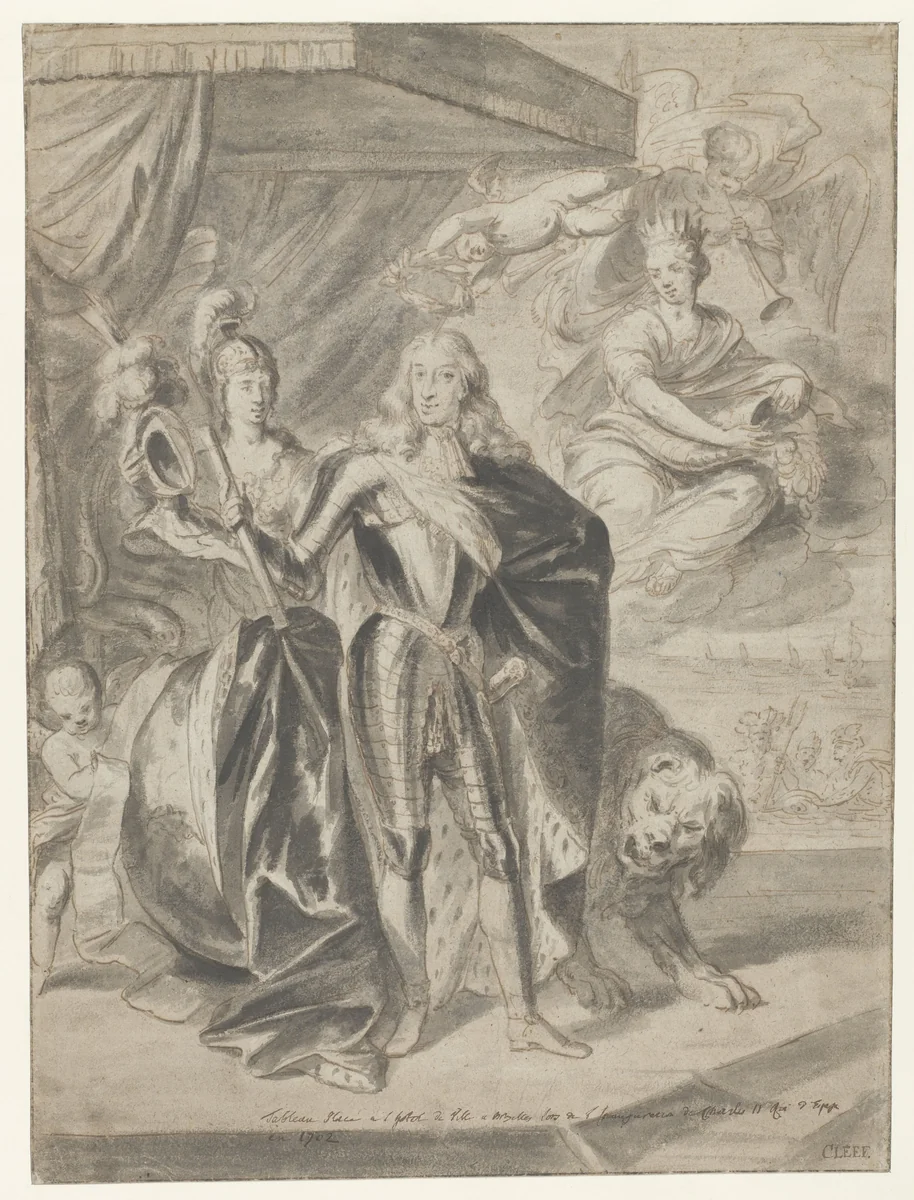 Portret van Karel II, koning van Spanje, staande in harnas, ten voeten uit by Jan van Cleve, drawing, 1700-1716