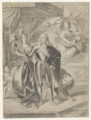 Portret van Karel II, koning van Spanje, staande in harnas, ten voeten uit by Jan van Cleve, drawing, 1700-1716