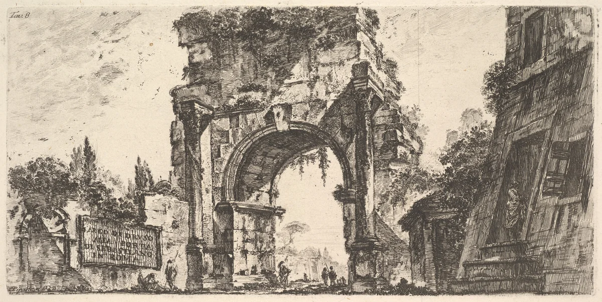 Plate 8: Arch of Drusus at the Porta S. Sebastiano in Rome (Arco di Druso alla Porta di Sebastiano in Roma), from "Antichità Romane de' Tempi della Repubblica, e de' primi Imperatori" by Giovanni Battista Piranesi, print, 1743-1753