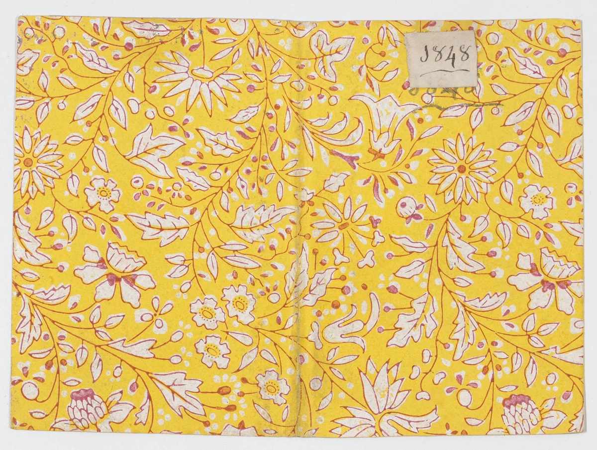 Yellow book cover with floral and vine pattern by anonymous, print, 1843-1853