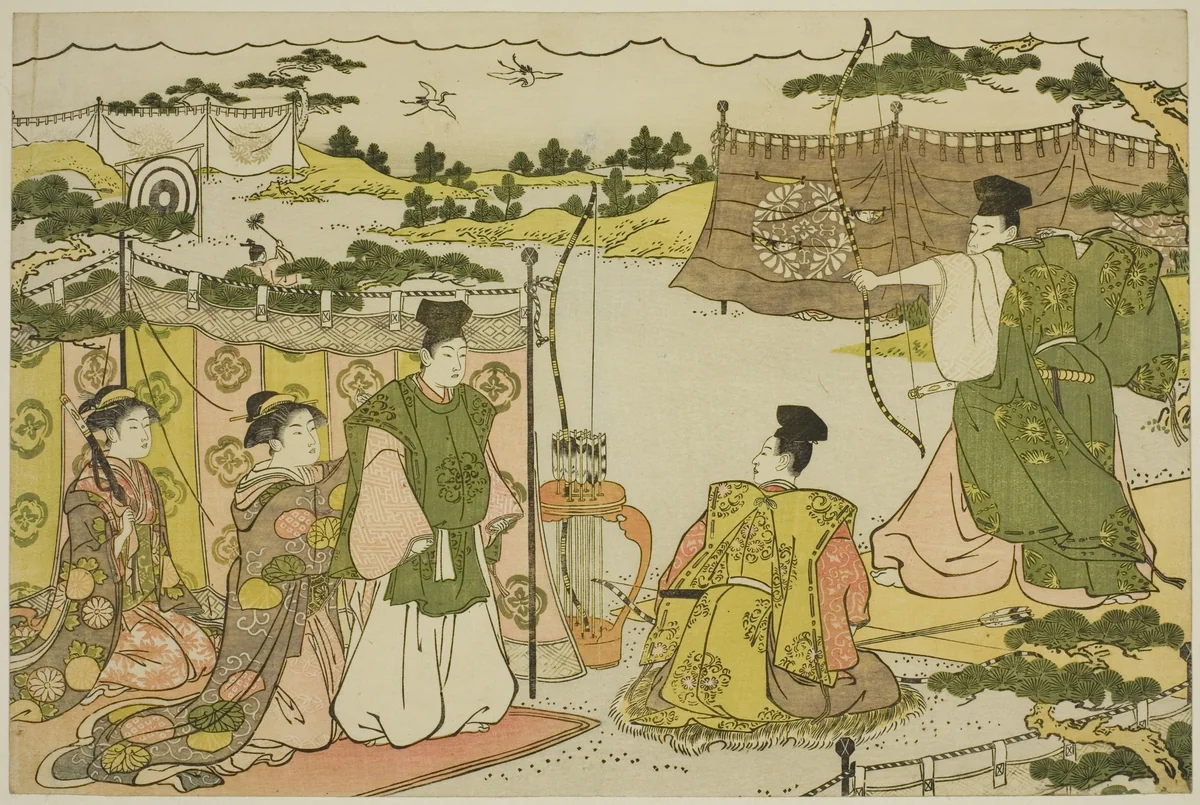 The First Archery Practice of the New Year (Yumi hajime), from the illustrated book "Colors of the Triple Dawn (Saishiki mitsu no asa)" by Torii Kiyonaga (鳥居清長), print, 1782-1792