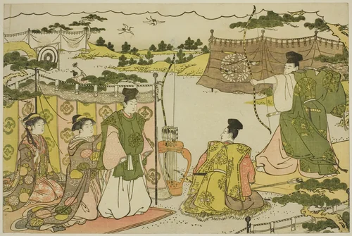 The First Archery Practice of the New Year (Yumi hajime), from the illustrated book "Colors of the Triple Dawn (Saishiki mitsu no asa)" by Torii Kiyonaga (鳥居清長), print, 1782-1792