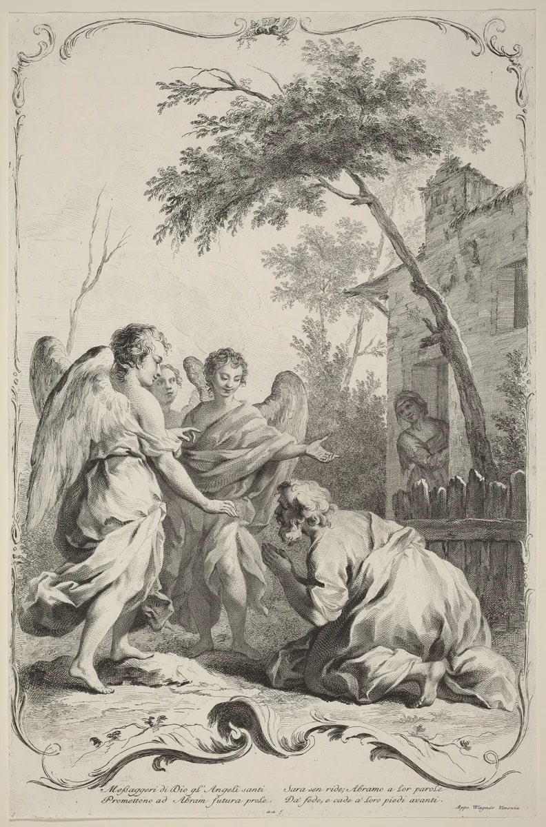 Abraham Kneeling before the Three Angels by Joseph Wagner
Jacopo Amigoni, print, 1745