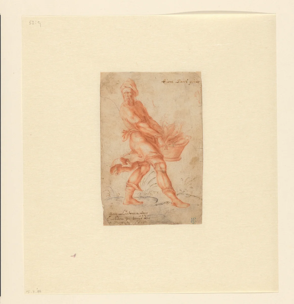 Sculptor (?) with a Basket Full of Statuettes by Johannes Lutma, drawing, 1615