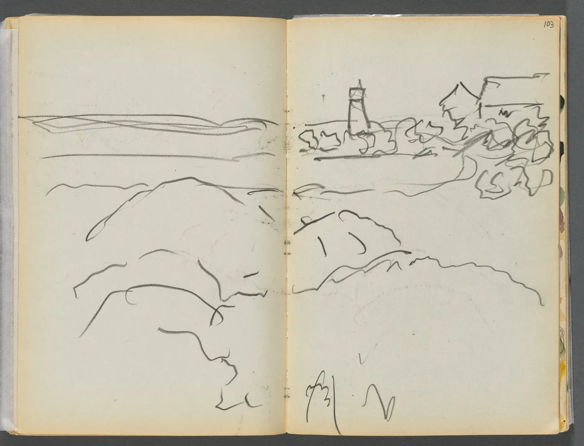 Sketchbook- The Granite Shore Hotel, Rockport, page 102 & 103: Harbor View with Lighthouse by Maurice Prendergast, book, 1905-1910