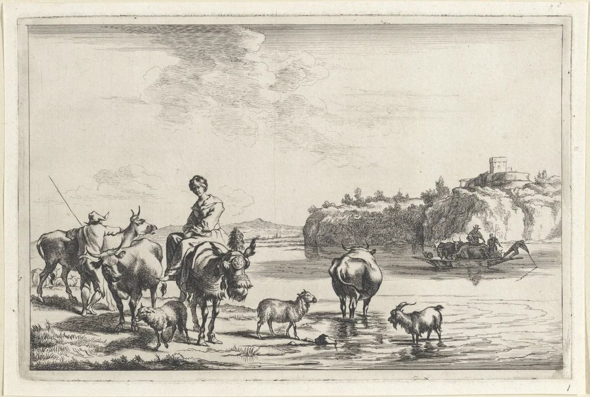 Wachten op de veerboot by Jan de Visscher, print, 1643-1692