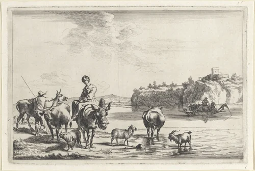 Wachten op de veerboot by Jan de Visscher, print, 1643-1692