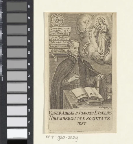 Portret van geestelijke en schrijver Johannes Eusebius Nieremberg by V. Guigou, print, 1600-1699