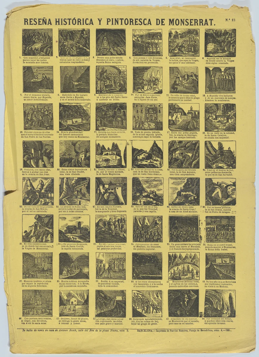 Broadside with 48 scenes depicting miracles and scenes associated by Monserrat (Barcelona) by Antonio Bosch, print, 1868