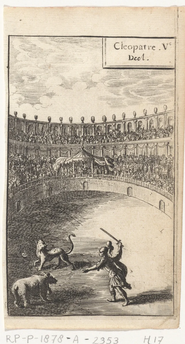 Gladiator in gevecht met twee dieren by Abraham Dircksz. Santvoort, print, 1666