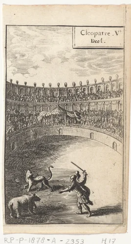 Gladiator in gevecht met twee dieren by Abraham Dircksz. Santvoort, print, 1666