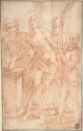 The Mocking of Christ (recto); Exterior View of a Church (verso) by anonymous, drawing, 1600-1700