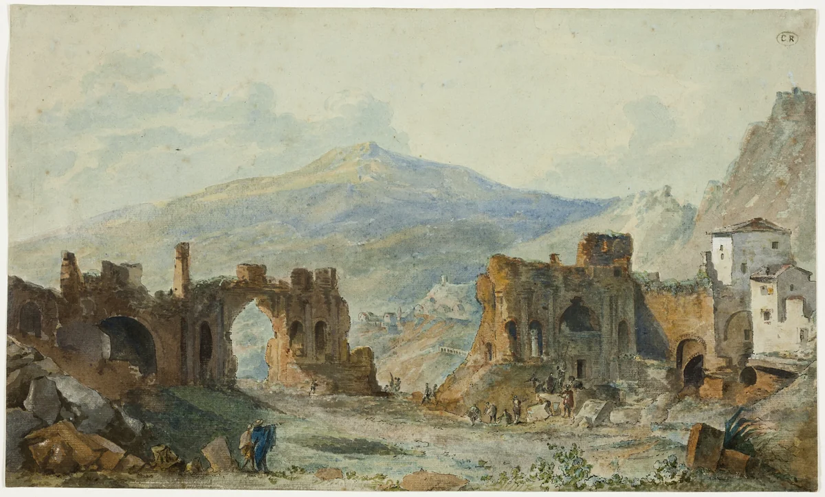 The Ancient Theater at Taormina with a View of Mount Etna, Study for Saint Non's Voyage Pittoresque de Naples et de Sicile by Louis François Cassas, painting, 1783-1827