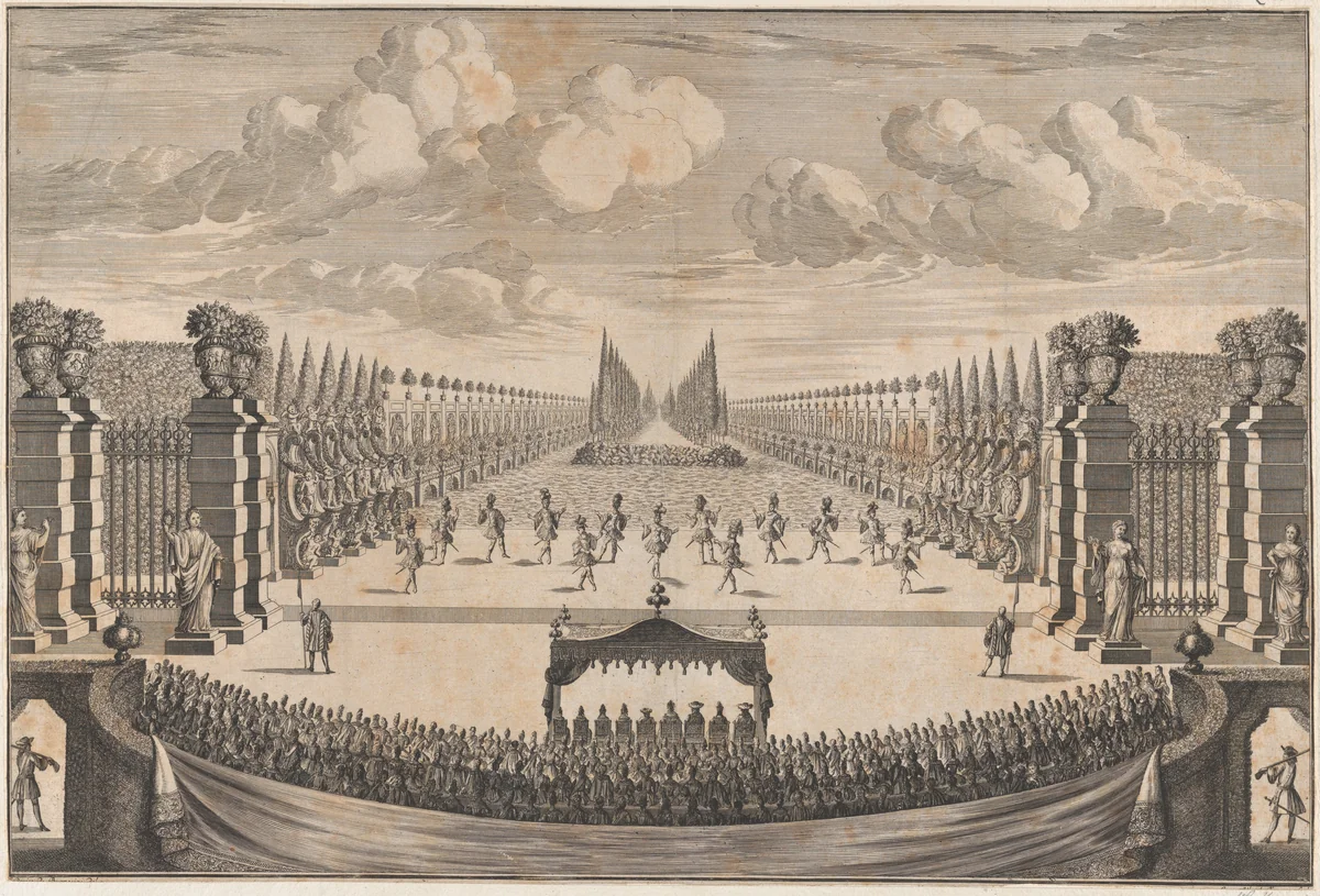 The royal family sitting under a canopy, watching dancers perform the final ballet of 'La Costanza d'Ulisse' by Johann Ulrich Kraus, print, 1695-1705