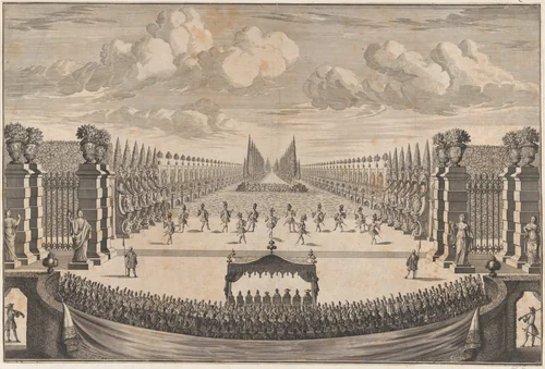 The royal family sitting under a canopy, watching dancers perform the final ballet of 'La Costanza d'Ulisse' by Johann Ulrich Kraus, print, 1695-1705