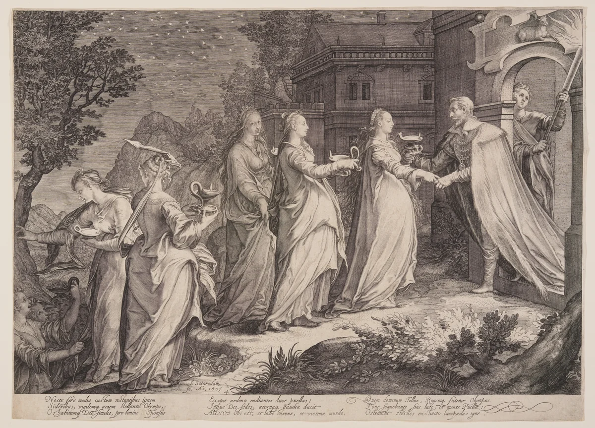 Wise Virgins Received by Our Lord, from Parable of the Wise and Foolish Virgins by Jan Saenredam, print, 1605