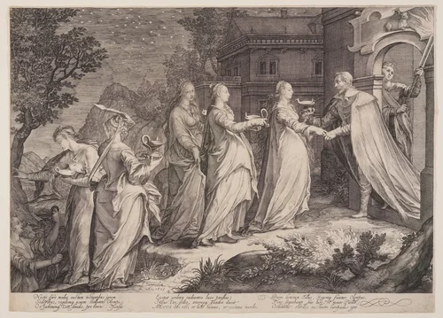 Wise Virgins Received by Our Lord, from Parable of the Wise and Foolish Virgins by Jan Saenredam, print, 1605