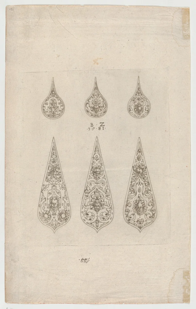 Ornamental design with grotesques by Bernhard Zan, print, 1581