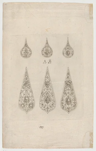 Ornamental design with grotesques by Bernhard Zan, print, 1581