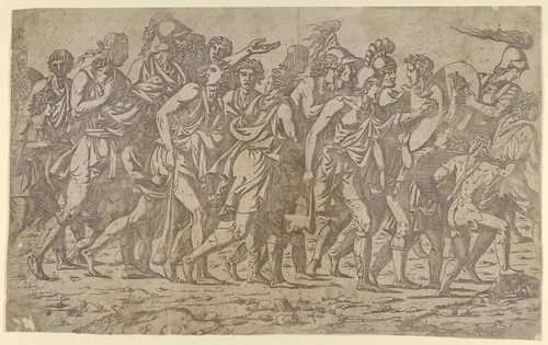 A Roman Army on the March - Marching Slingers by Antonio Fantuzzi, print, 1540-1545