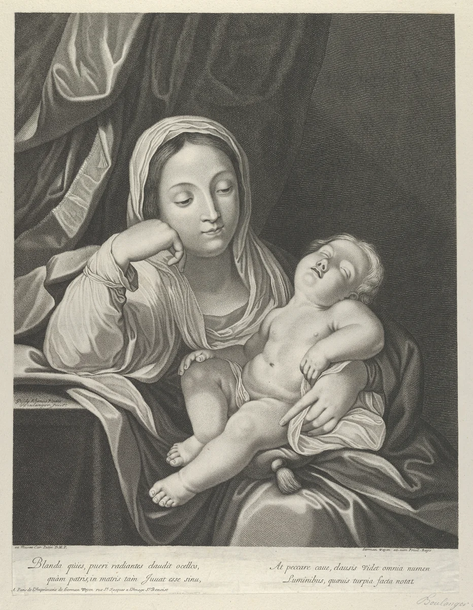 The Virgin seated with her head resting on her right hand, holding the sleeping infant Christ on her lap, after Reni by Jean Boulanger, print, 1623-1680