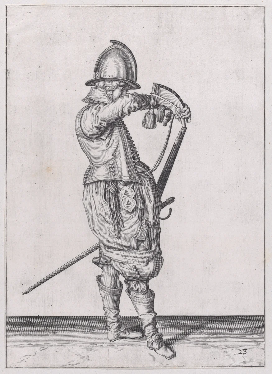 A soldier charging his caliver which is held stock down, from the Marksmen series, plate 23, in Waffenhandlung von den Rören Musquetten undt Spiessen / Wapenhandelinghe van Roers Musquetten ende Spiessen (The Exercise of Arms) by Jacques de Gheyn II, print, 1608