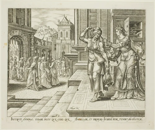 Judith Preparing Herself to Leave for the Enemies' Camp, plate four from The Story of Judith and Holofernes by Philip Galle, print, 1564