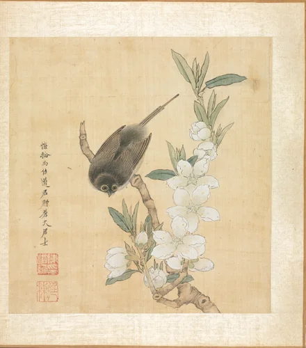 Paintings after Ancient Masters: A Bird and Peach-Blossom Branch by Chen Hongshou, painting, 1598-1652