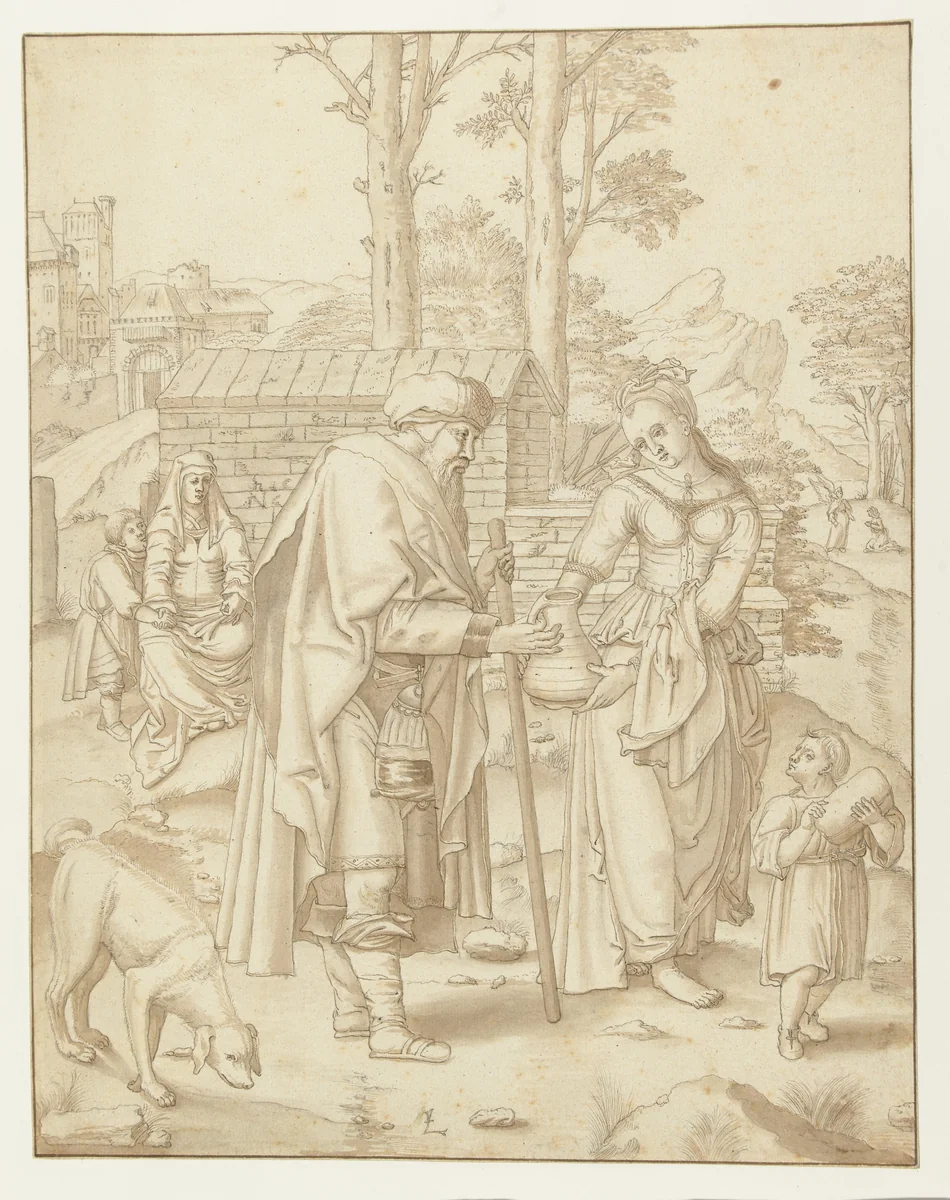 Abraham verstoot Hagar en Ismaël by Unknown, drawing, 1583-1650