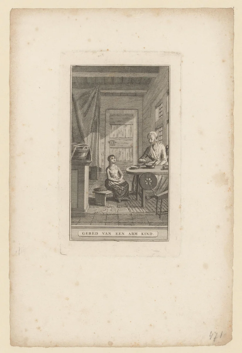 Biddend kind en een moeder aan tafel by anonymous, print, 1792