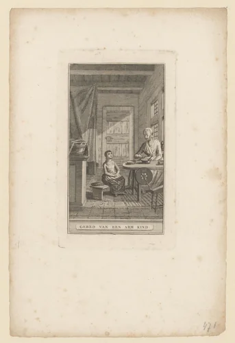 Biddend kind en een moeder aan tafel by anonymous, print, 1792