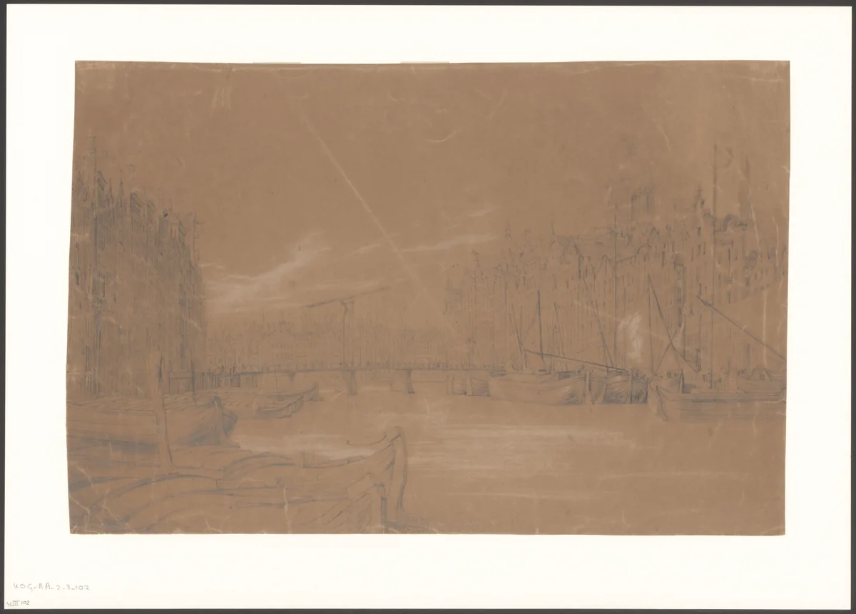 Gezicht op de Papenbrug over het Damrak by anonymous, drawing, 1800-1884