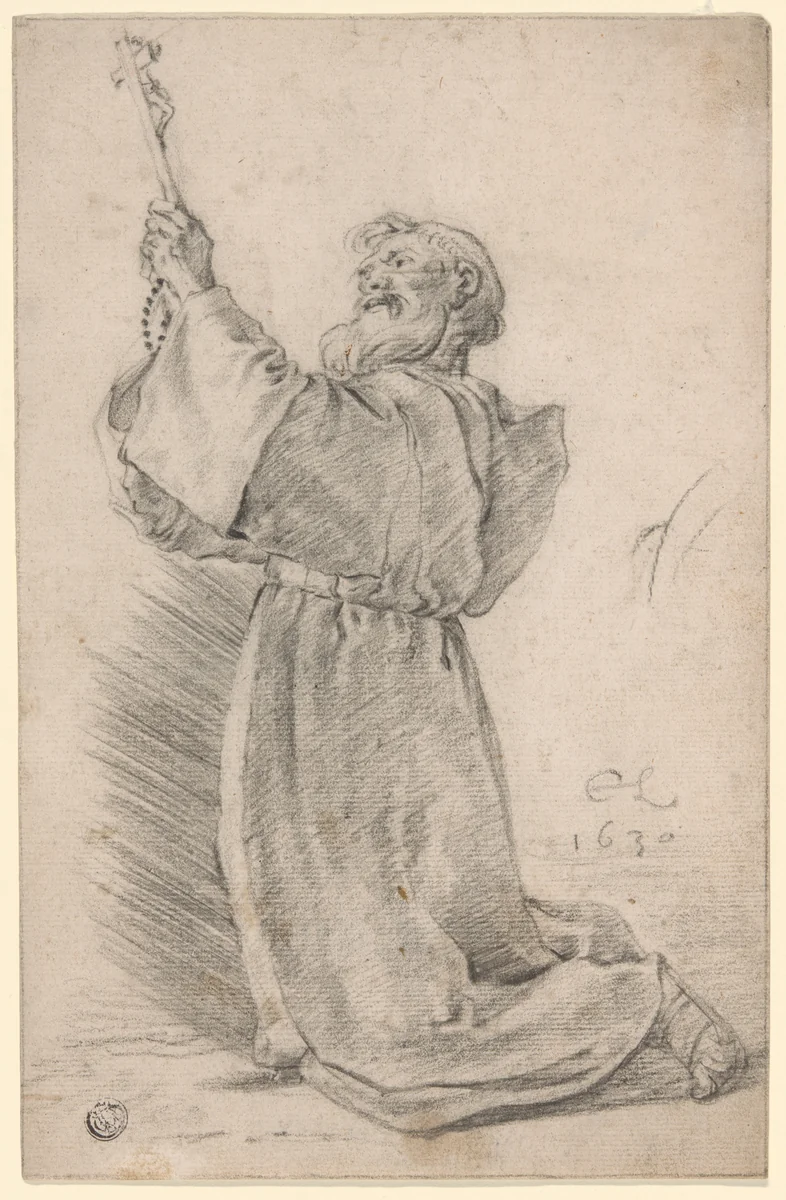 Kneeling Monk Holding a Crucifix by Cornelis Saftleven, drawing, 1630