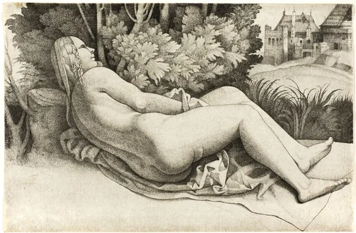 Woman Reclining in a Landscape by Giulio Campagnola, print, 1508-1509