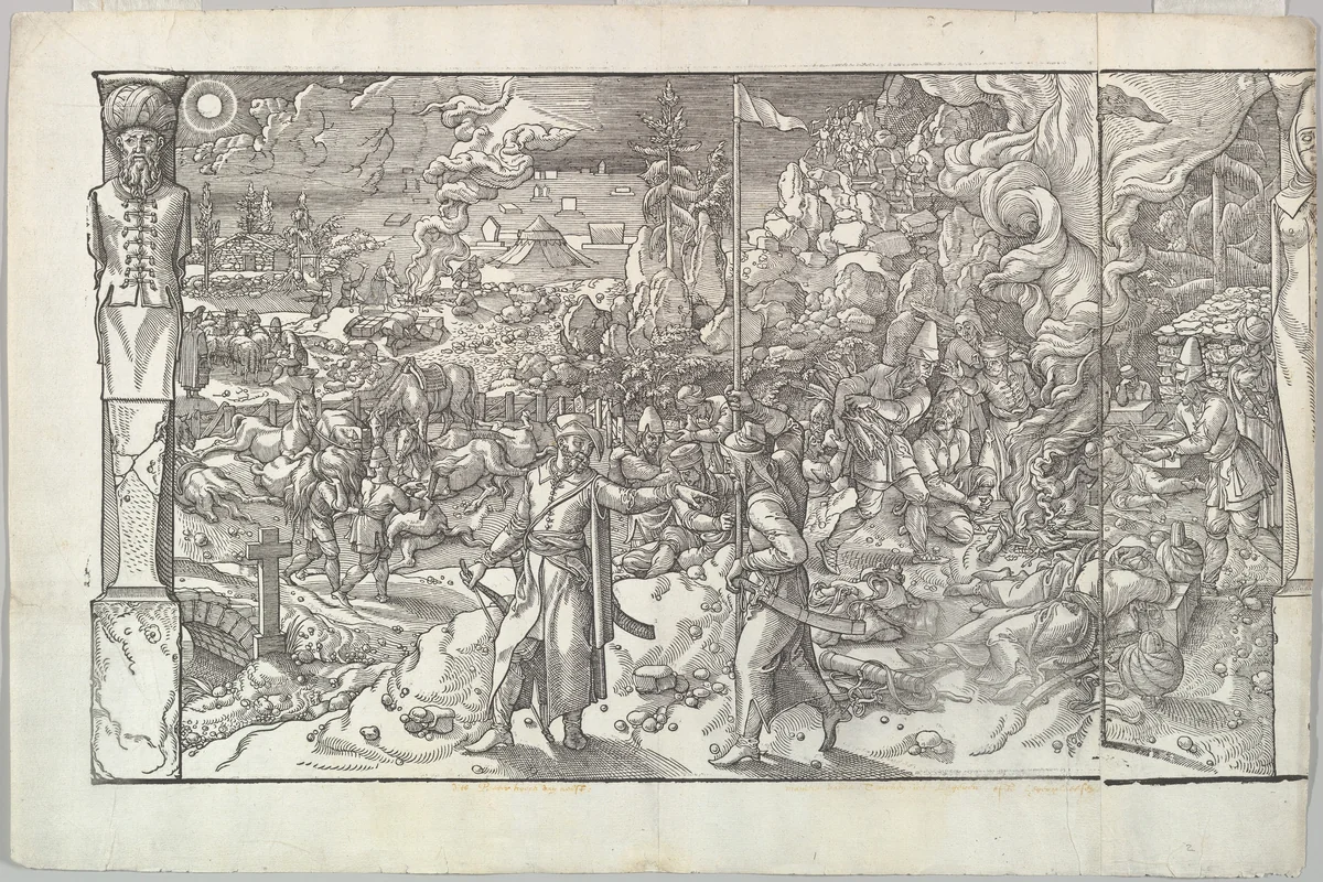 A Military Camp in Slovenia from the frieze Ces Moeurs et fachons de faire de Turcz (Customs and Fashions of the Turks) by Pieter Coecke van Aelst, print, 1553