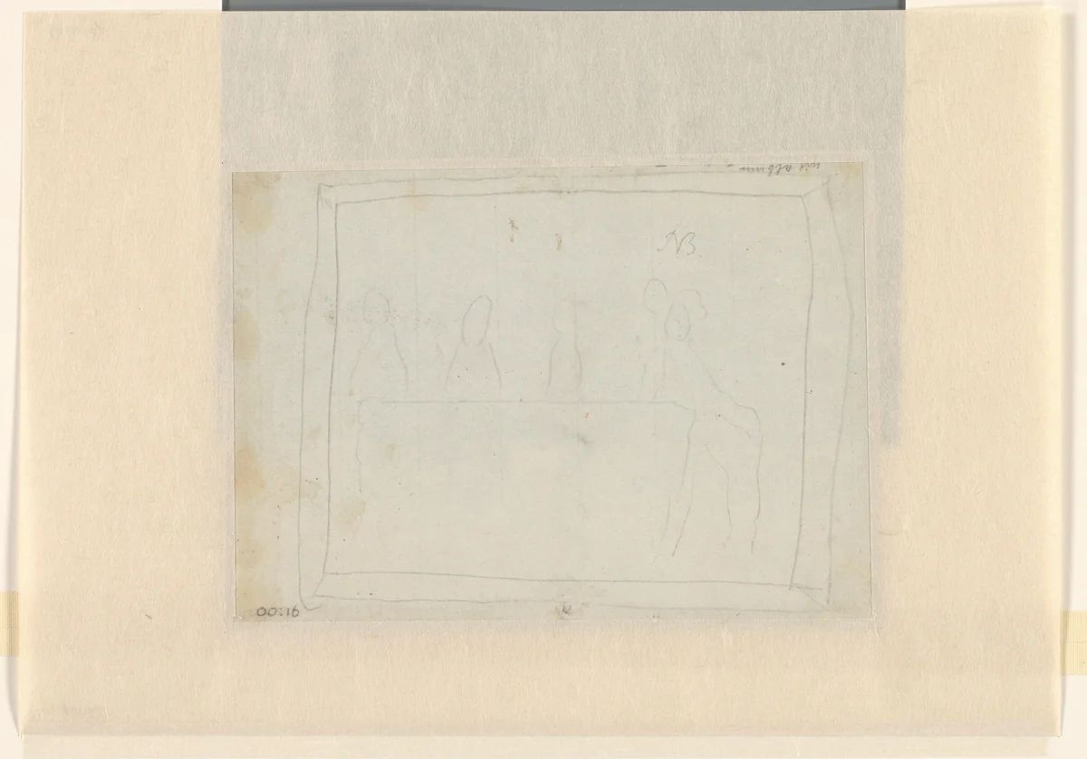 Ruwe schets (of kindertekening?) van een groep personen rond een tafel by anonymous, drawing, 1700-1800